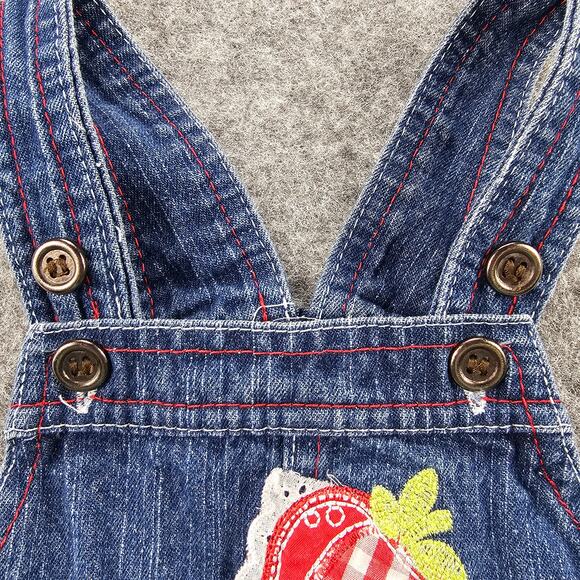 Denim Infant Overalls 6-9 mos Embroidered Strawberry Ruffle Hem Eyelet Accents - Picture 3 of 10